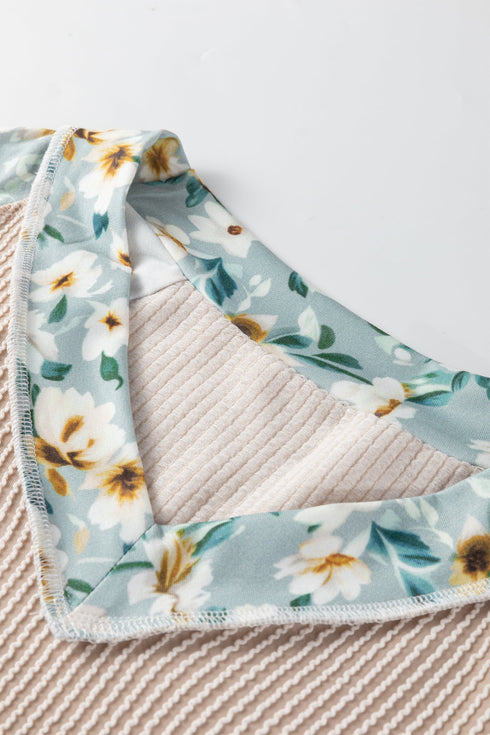 Ribbed Knit Twist Front Floral Contrast Sleeve Top