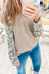 Ribbed Knit Twist Front Floral Contrast Sleeve Top