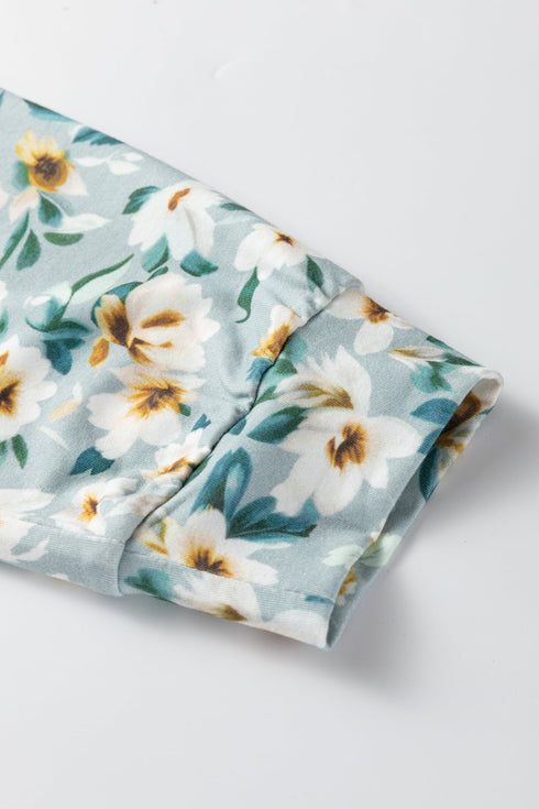 Ribbed Knit Twist Front Floral Contrast Sleeve Top