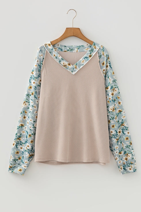 Ribbed Knit Twist Front Floral Contrast Sleeve Top