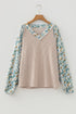 Ribbed Knit Twist Front Floral Contrast Sleeve Top