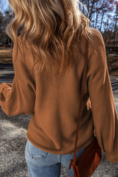 Ribbed Knit V Neck Balloon Sleeve Sweater