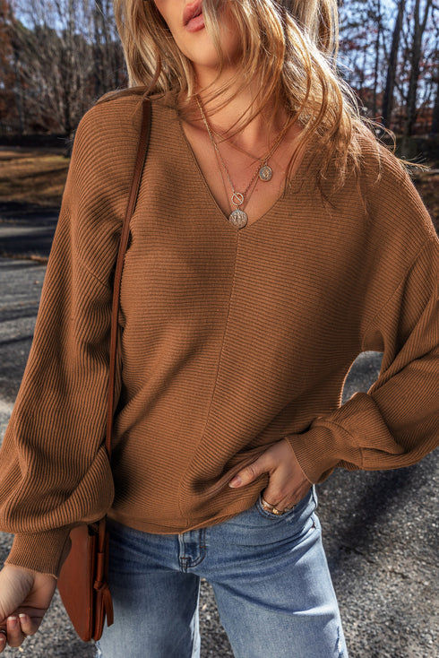 Ribbed Knit V Neck Balloon Sleeve Sweater