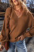 Ribbed Knit V Neck Balloon Sleeve Sweater