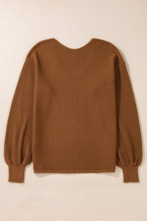 Ribbed Knit V Neck Balloon Sleeve Sweater