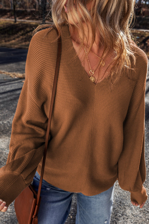 Ribbed Knit V Neck Balloon Sleeve Sweater