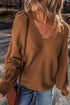 Ribbed Knit V Neck Balloon Sleeve Sweater
