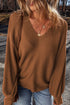 Ribbed Knit V Neck Balloon Sleeve Sweater