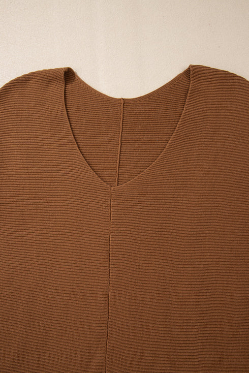 Ribbed Knit V Neck Balloon Sleeve Sweater