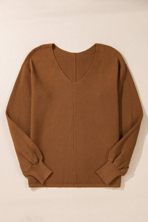 Ribbed Knit V Neck Balloon Sleeve Sweater