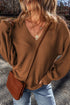 Ribbed Knit V Neck Balloon Sleeve Sweater