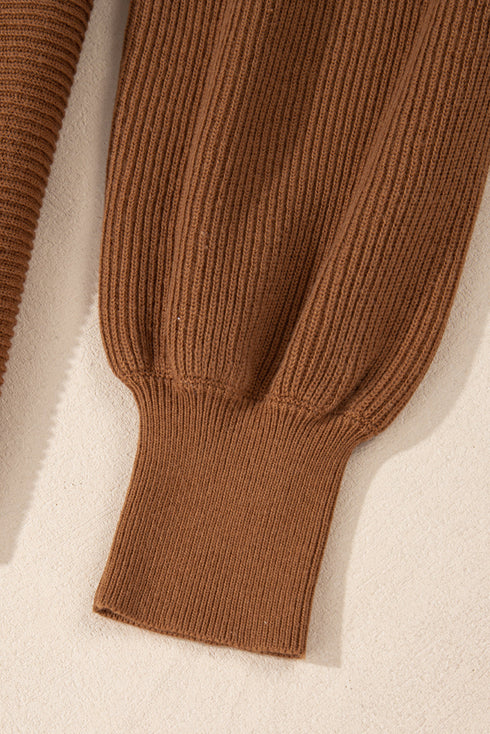 Ribbed Knit V Neck Balloon Sleeve Sweater