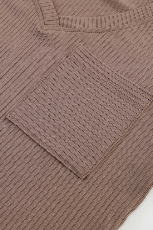 Ribbed Knit V Neck Long Sleeve Patch Pocket Top