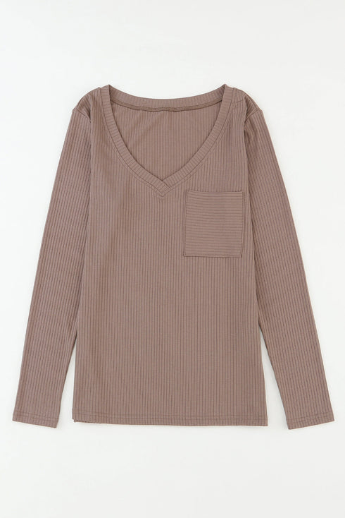 Ribbed Knit V Neck Long Sleeve Patch Pocket Top