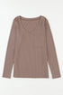 Ribbed Knit V Neck Long Sleeve Patch Pocket Top