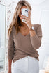 Ribbed Knit V Neck Long Sleeve Patch Pocket Top