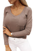 Ribbed Knit V Neck Long Sleeve Patch Pocket Top