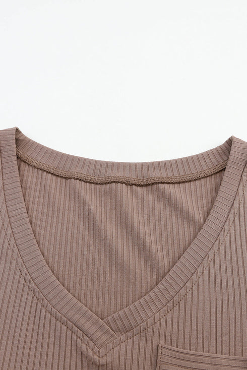 Ribbed Knit V Neck Long Sleeve Patch Pocket Top