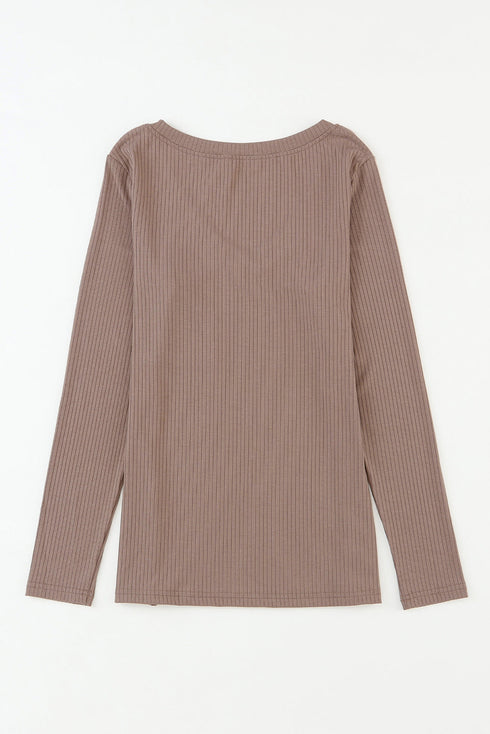 Ribbed Knit V Neck Long Sleeve Patch Pocket Top