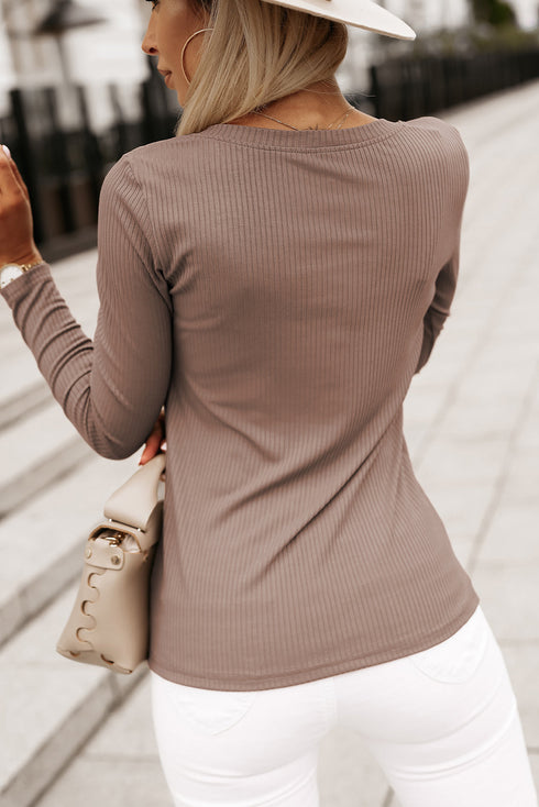 Ribbed Knit V Neck Long Sleeve Patch Pocket Top