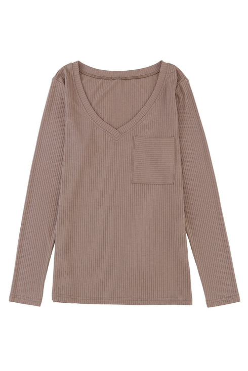 Ribbed Knit V Neck Long Sleeve Patch Pocket Top