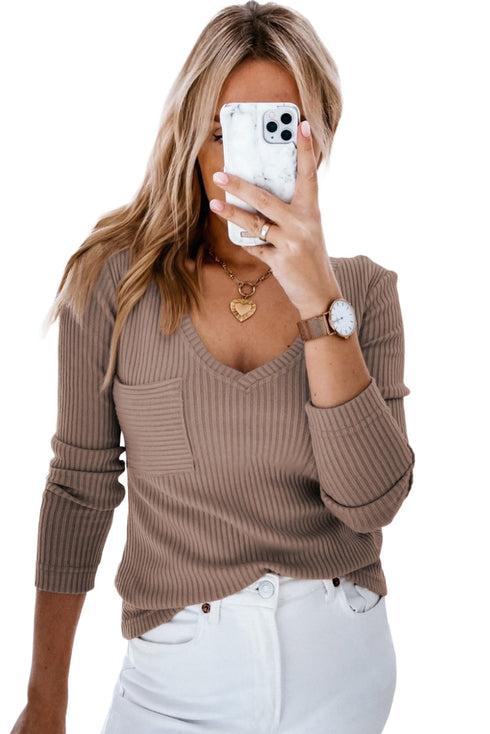 Ribbed Knit V Neck Long Sleeve Patch Pocket Top