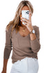 Ribbed Knit V Neck Long Sleeve Patch Pocket Top