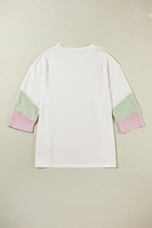 Ribbed Knit V Neck Quarter Sleeve Paneled Top