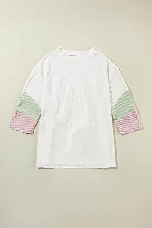 Ribbed Knit V Neck Quarter Sleeve Paneled Top