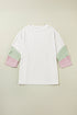 Ribbed Knit V Neck Quarter Sleeve Paneled Top