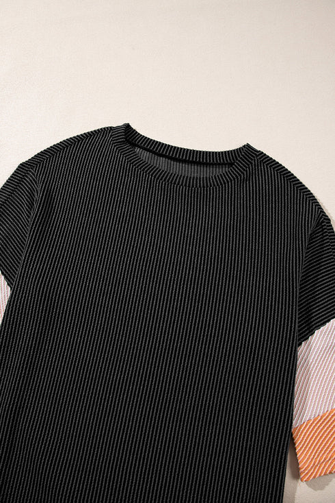 Ribbed Knit V Neck Quarter Sleeve Paneled Top