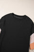 Ribbed Knit V Neck Quarter Sleeve Paneled Top