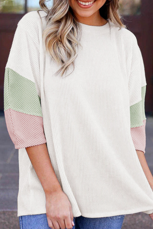 Ribbed Knit V Neck Quarter Sleeve Paneled Top