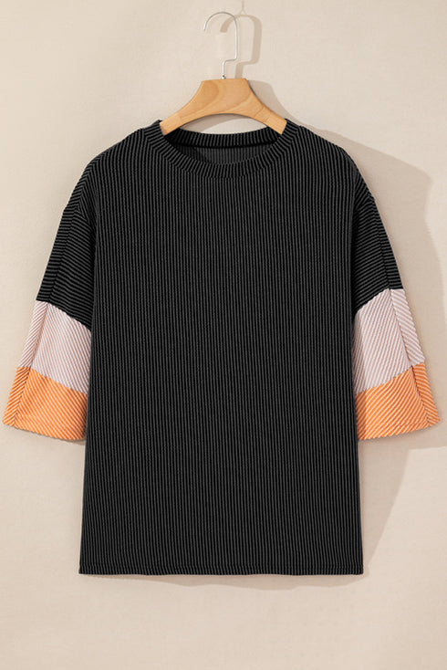 Ribbed Knit V Neck Quarter Sleeve Paneled Top