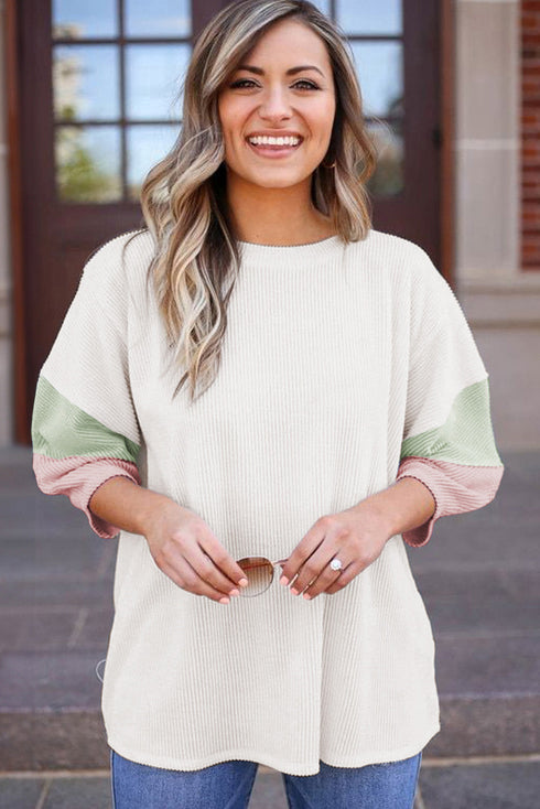 Ribbed Knit V Neck Quarter Sleeve Paneled Top