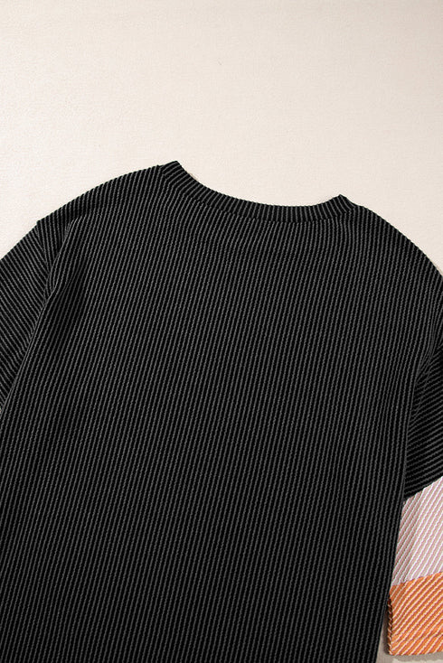 Ribbed Knit V Neck Quarter Sleeve Paneled Top