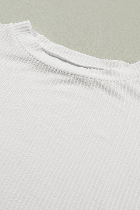 Ribbed Knit V Neck Quarter Sleeve Paneled Top