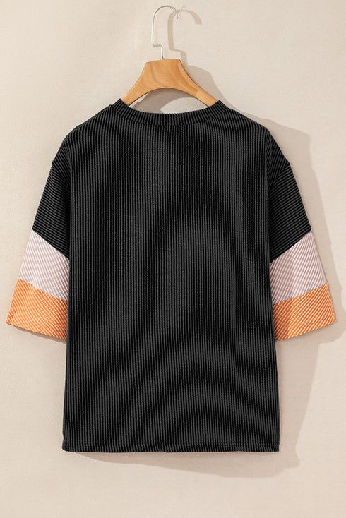 Ribbed Knit V Neck Quarter Sleeve Paneled Top