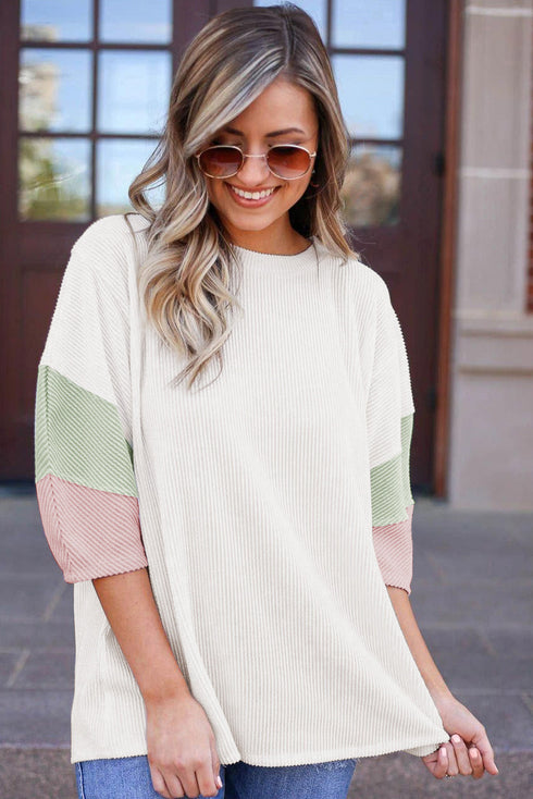 Ribbed Knit V Neck Quarter Sleeve Paneled Top