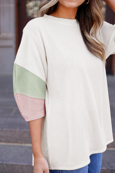 Ribbed Knit V Neck Quarter Sleeve Paneled Top