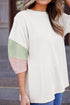 Ribbed Knit V Neck Quarter Sleeve Paneled Top