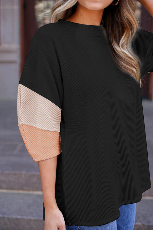 Ribbed Knit V Neck Quarter Sleeve Paneled Top
