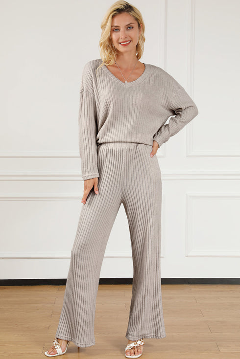 Ribbed Knit V Neck Slouchy Two-piece Outfit
