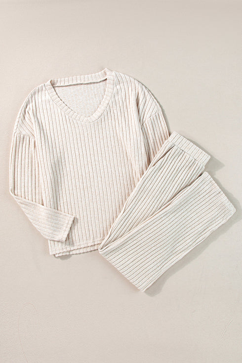 Ribbed Knit Wide Leg Slouchy Two Piece Loungewear