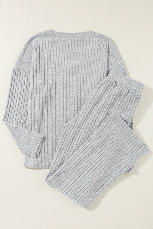Ribbed Knit Wide Leg Slouchy Two Piece Loungewear
