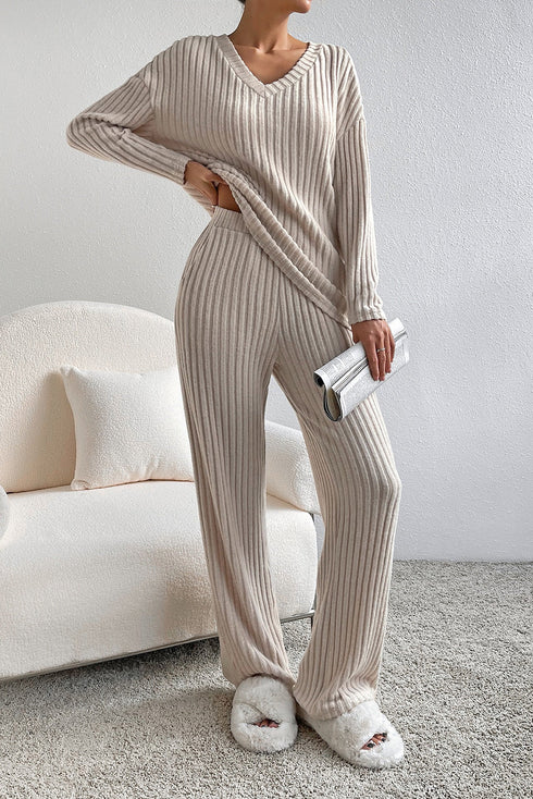 Ribbed Knit Wide Leg Slouchy Two Piece Loungewear