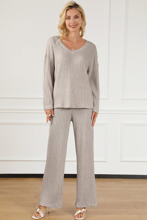 Ribbed Knit Wide Leg Slouchy Two Piece Loungewear