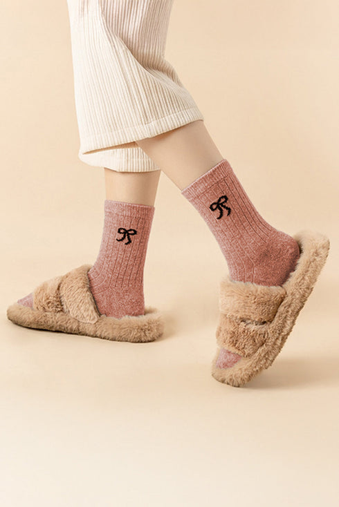 Ribbed Knit Wool Knee High Bow Accent Stockings