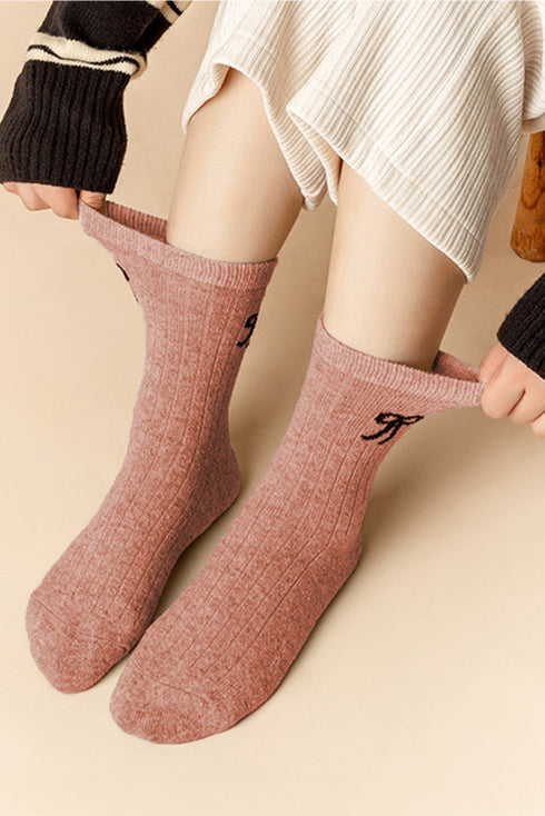 Ribbed Knit Wool Knee High Bow Accent Stockings