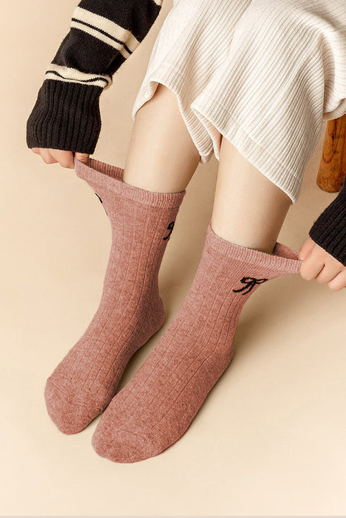 Ribbed Knit Wool Knee High Bow Accent Stockings